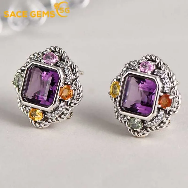 

SACE GEMS Fashion Jewelry Earrings for Women 925 Sterling Silver 9MM Natual Amethyst Stud Earrings Wedding Party Fine Jewelry