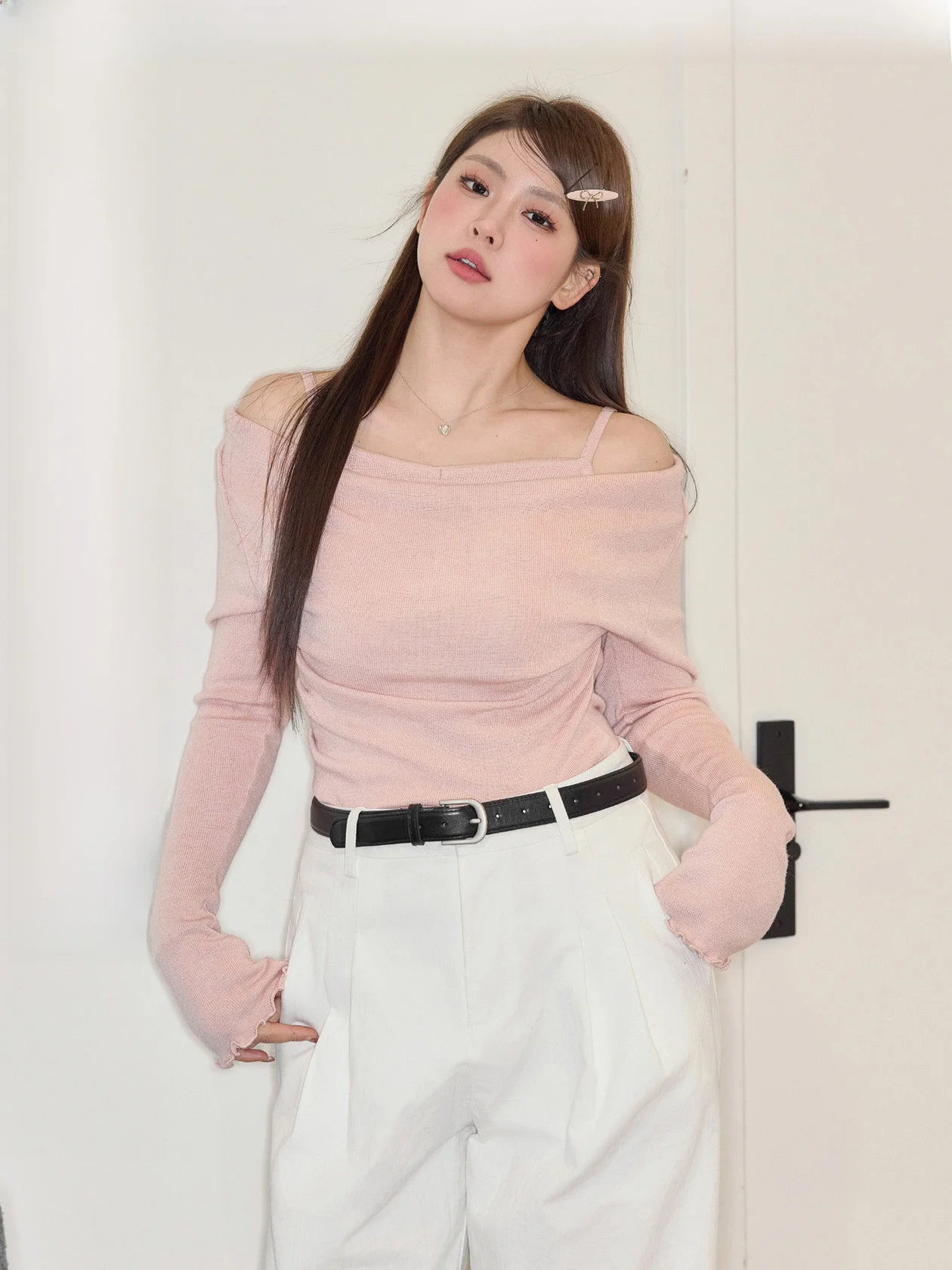 

Juxiu Studio Large Size Knitted One oulder Sweet Sle Top for Plump Women Gentle Swing Collar Long Sve Polyester Blend