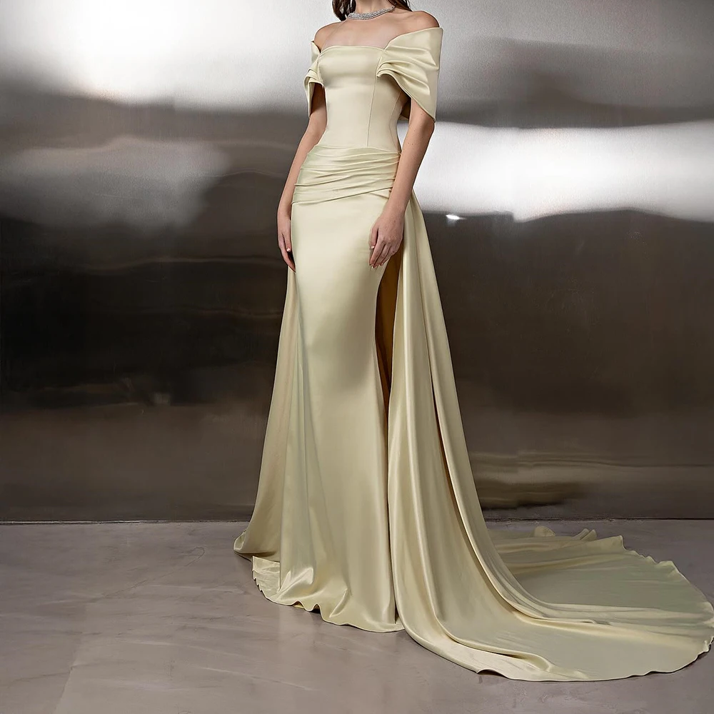 Personalizado sereia vestidos de noite até o chão fora do ombro sem mangas vestido de baile moda plissado simples drapeado vestido de festa