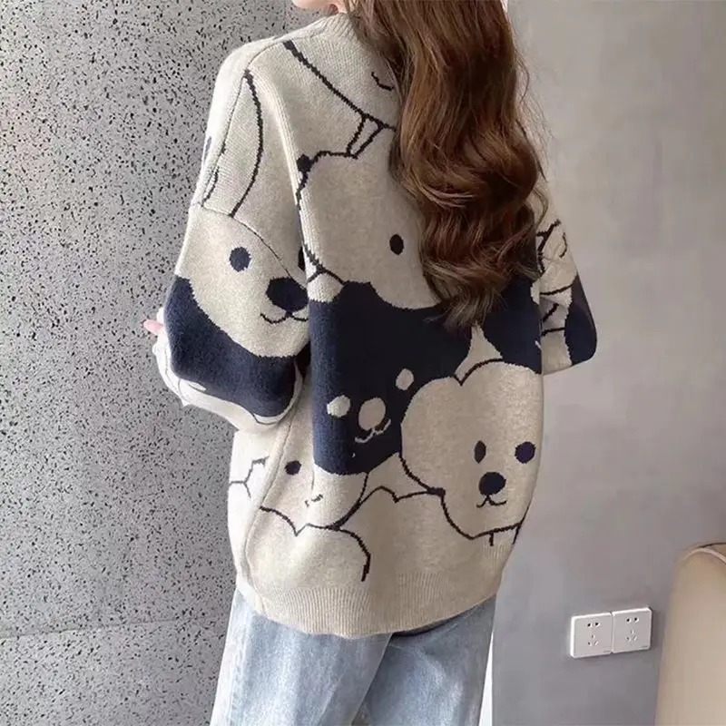 Women Trendy Funny Kawaii Cartoon Bear Casual Streetwear Y2K Knitted Sweaters Winter O Neck Long Sleeve Loose Fleece Pullovers