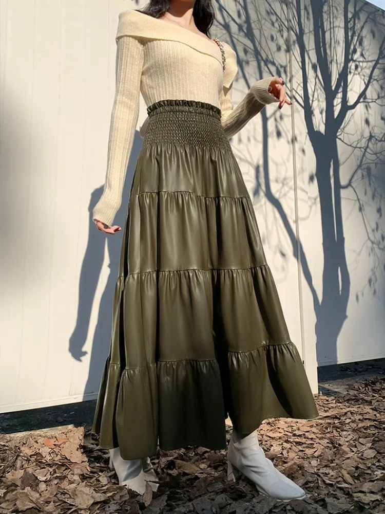 Heavy Duty Pleated Elastic Waist Stitching Swing 2024 Summer Girl Drape Pressed Pleated PU Leather A-line Long Skirts