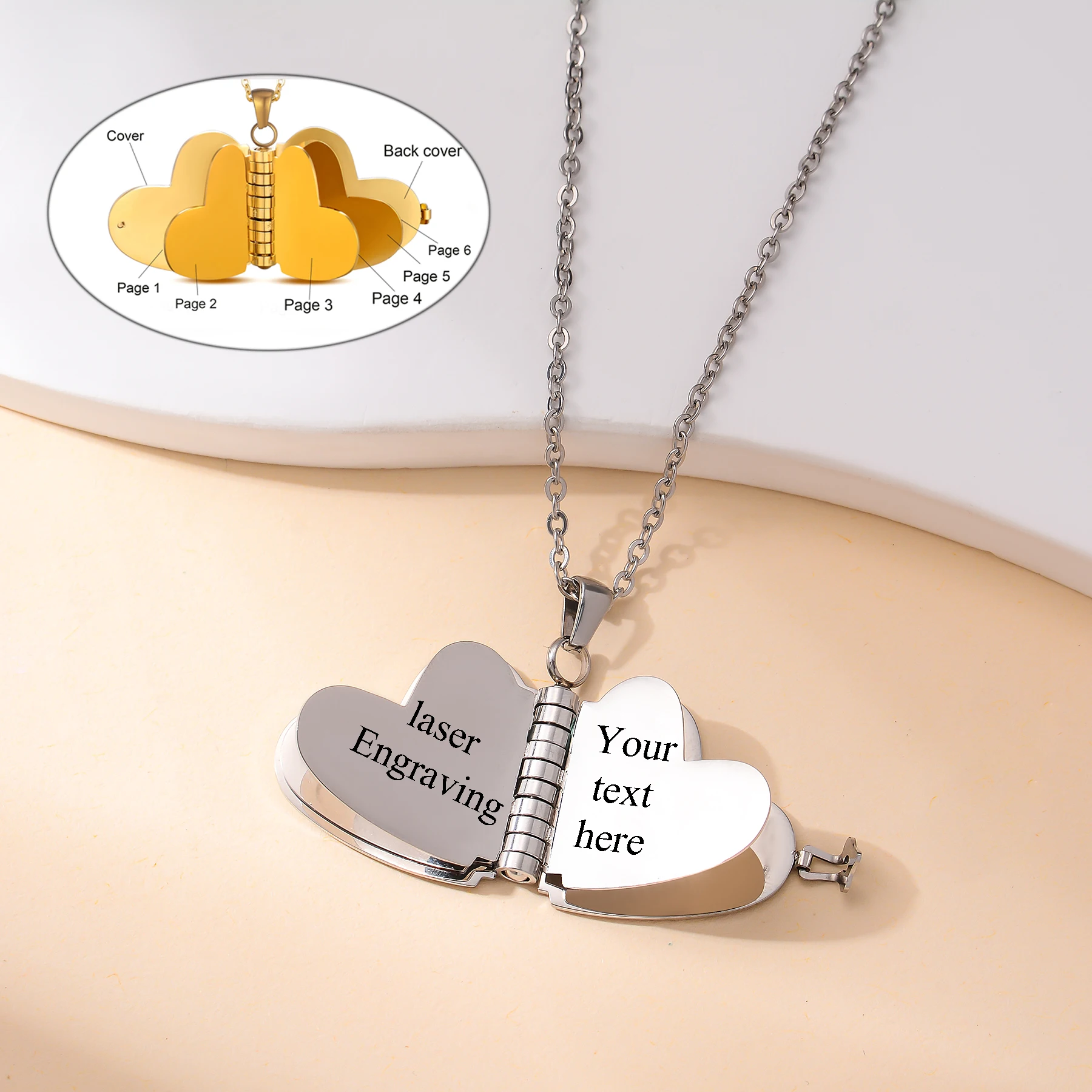 Personalize Custom Heart Stainless Steel Book Necklace Engraved Photo Words Openable Multi-page Book Memory Pendant Jewelry Gift