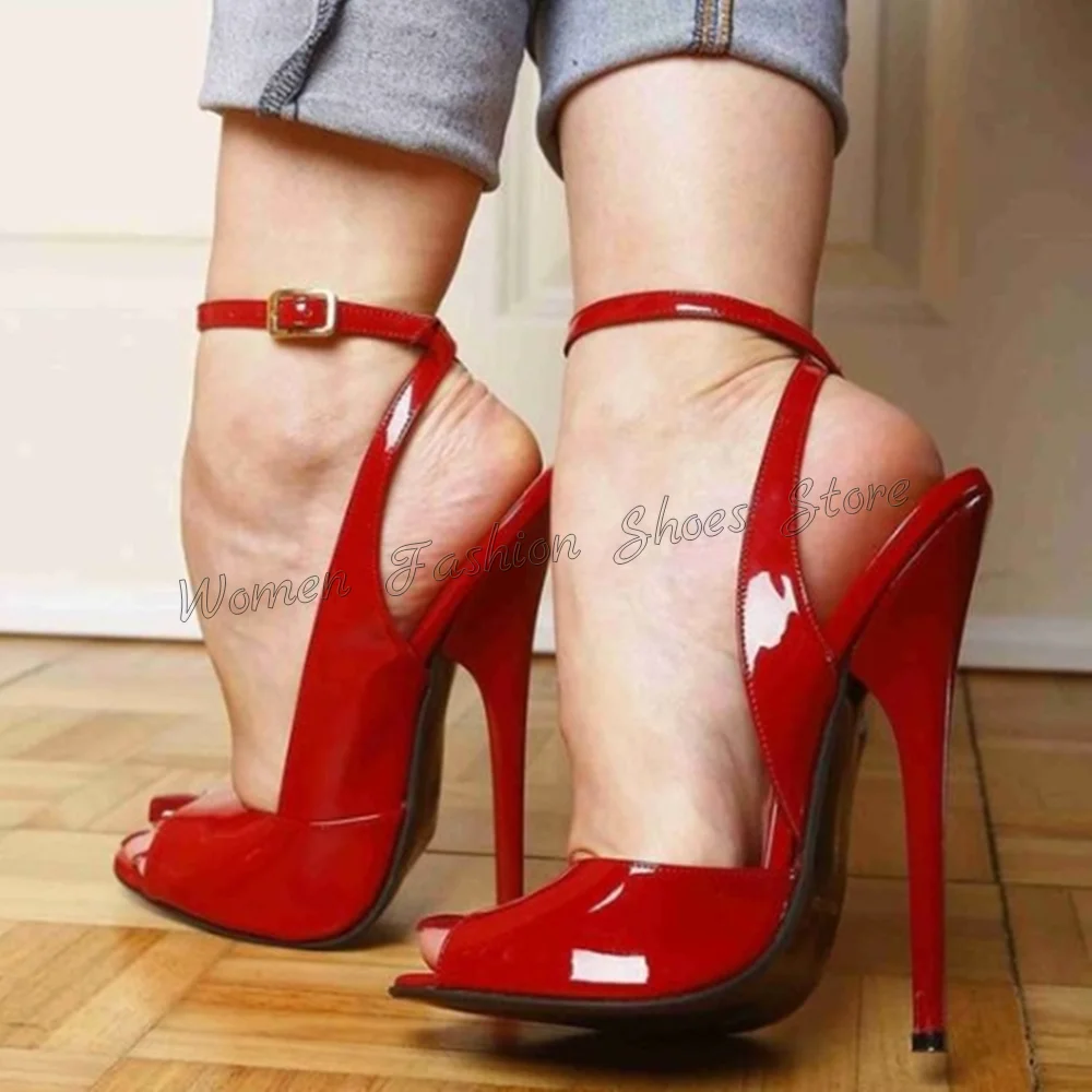 

Red Peep Toe Ankle Strap Buckle Decor Pumps Patent leather High Heel Shoes for Women Fashion Heels 2024 New Zapatos Para Mujere