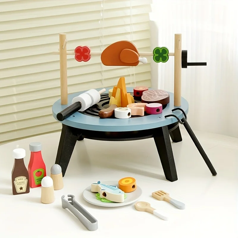 Wooden Barbecue Playset For Kids Pretend Play Bbq Toy With Grilling Tools Food Pieces & Condiments For Outdoor Cooking Role Play