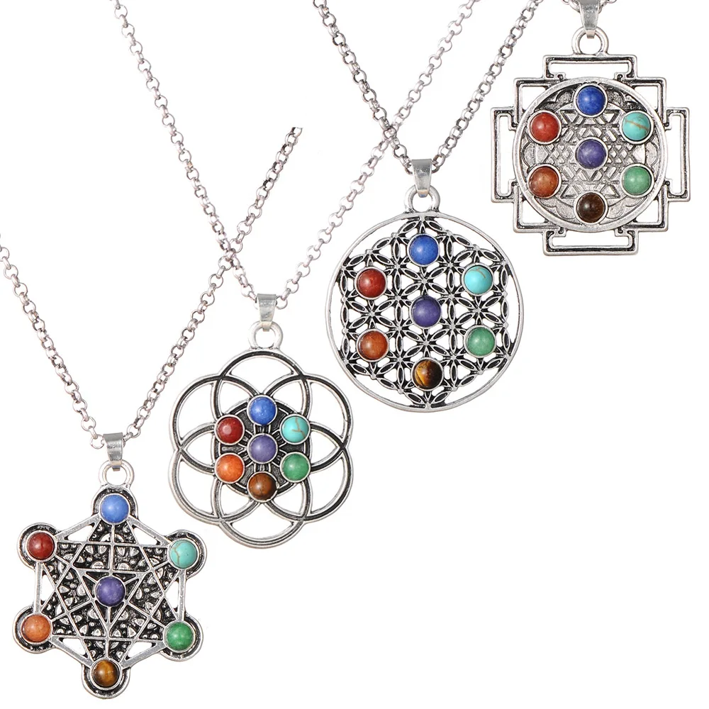 7 Chakra Crystal Sri Yantra Pendant Metatron Cube Tree Flower of Life Merkaba Yoga Meditation Necklace Healing Orgonite Women
