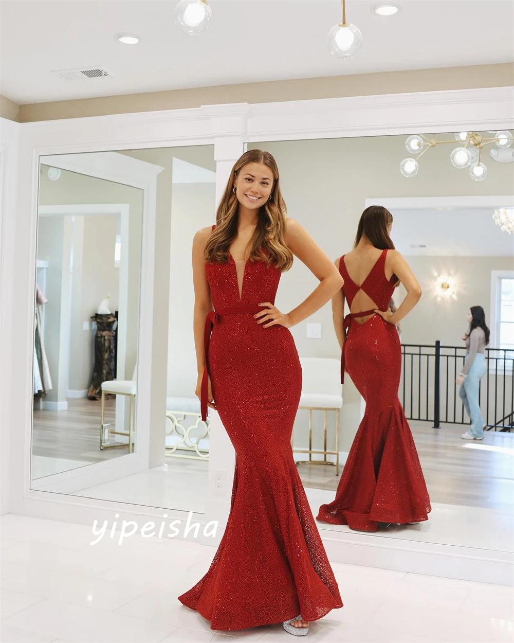 Customized Sexy Sizes Available V-neck Mermaid Quinceanera Dresses Floor Length Skirts Charmeuse Evening Saudi Arabia