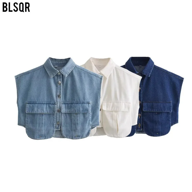 

Women's Solid Color Large Pocket Sleeveless High-End Cardigan Polo Collar Shirt Denim Top A19846