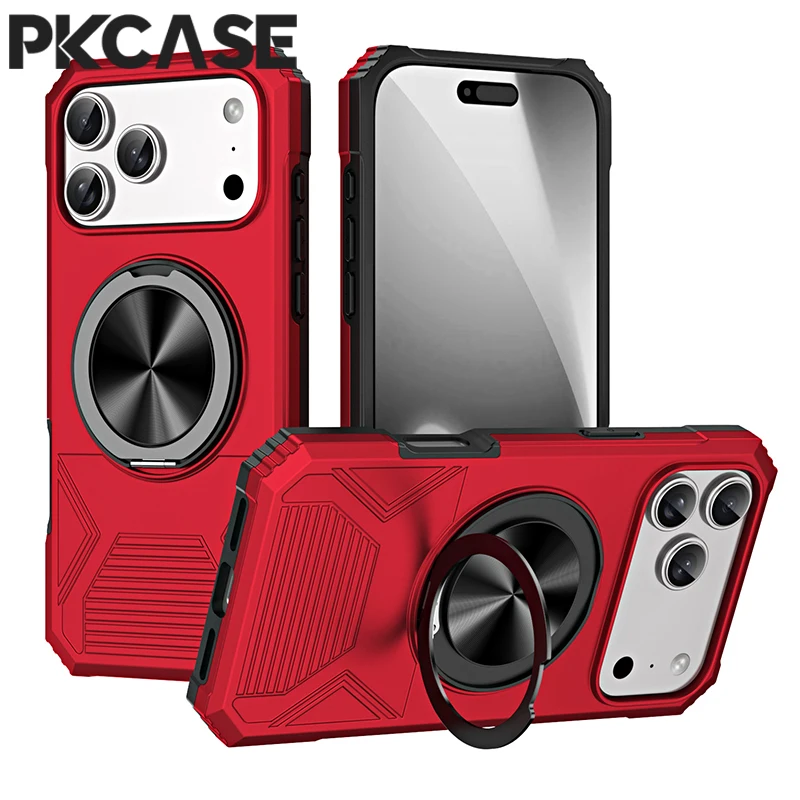 ПККАС 360° °   Чехол для телефона с металлическим кольцом и кронштейном для iPhone 17, Air 16, 15, 14 Plus, 13, 12 Pro Max 16E, магнитный противоударный бронированный чехол