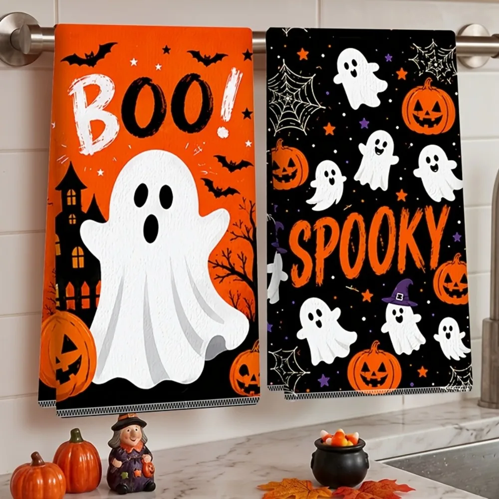 2PCS Ultra-Fine Fiber Halloween Kitchen Towel Quick Drying Absorbent Hand Towel Ghost Pumpkin Pattern Soft Kitchen Dishcloth