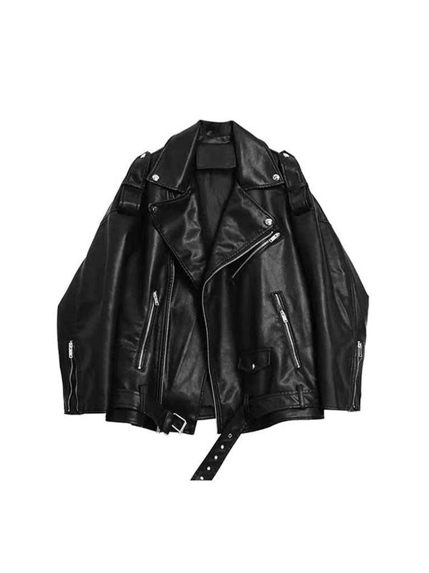 

Women's Black Gothic Leather Jacket Coat Vintage Motorcycle Jacket Y2k Streetwear Mustang Outerwear 2000s Clothes Autumn Winter