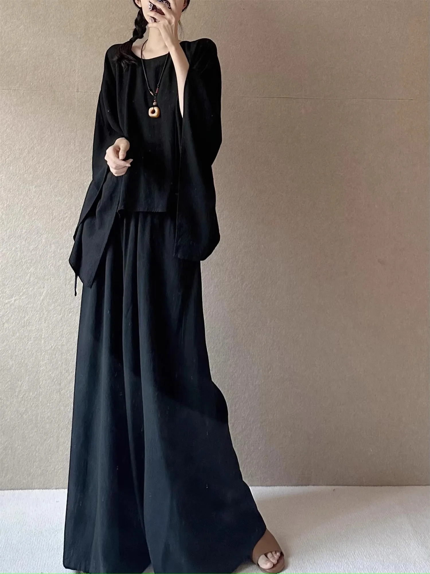 Dark Style Loose Fit New Chinese National Style Cotton Linen Black Series Women's Ancient Zen Fashion Set Traditional round N...