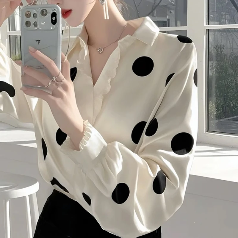 

French Style White Polka Dot Satin Shirt for Women, Light Luxury Fashion, Unique High-end Sense, Elegant Top