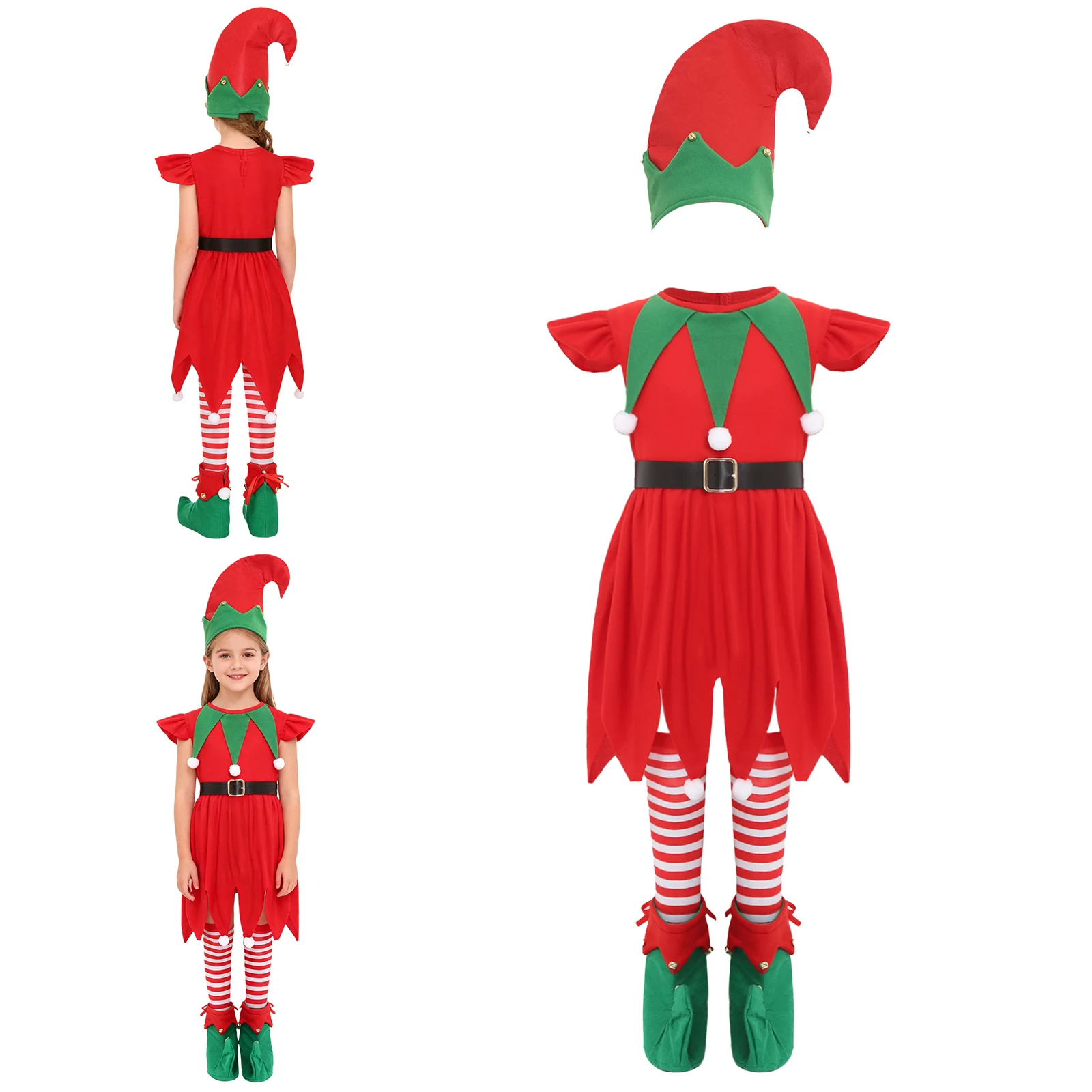 

Girls Christmas Helper Costume Set Santa Elf Dress Fly Sleeve Jagged Hem Dress with Belt Socks Hat Shoes Girl Xmas Elf Dress-up