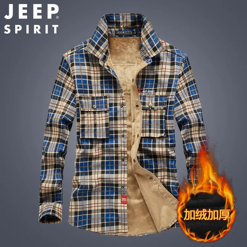 JEEP SPIRIT men fleece thickened long-sleeved shirt autumn winter fashion urban lapel cardigan slim fit warm casual plaid top