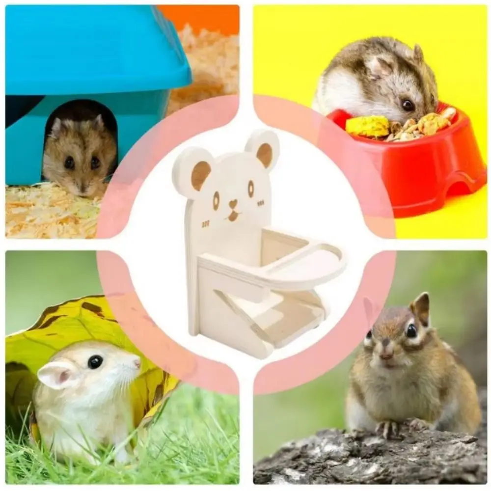 Practical Wooden Hamster Dining Chair Handmade Cartoon Hamster Seat DIY with Tray Hedgehog Fun Toys for Pet Cage