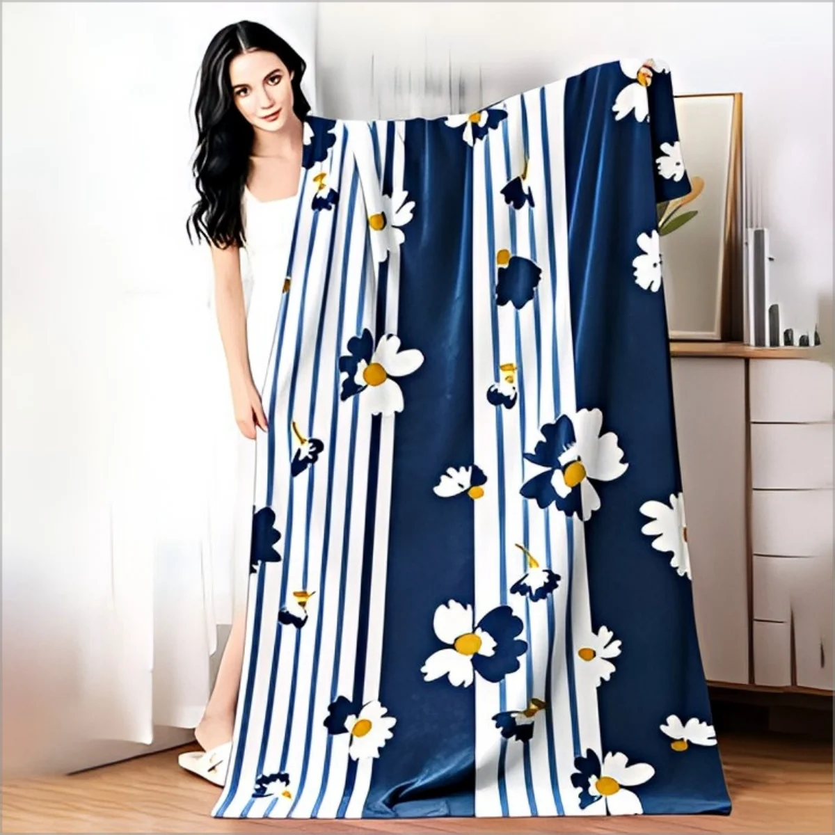 Double Sided Navy Blue White Daisy Throw Pillow Cover Striped Floral Print Cushion Case for Sofa Living Room Boho Home Decor