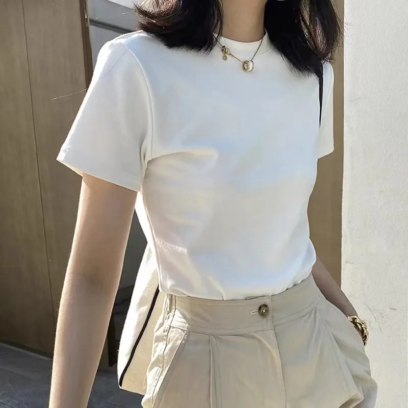 

Heavyweight Right Shoulder Short Sve White Tshirt for Women Comfortable Fit Fashionable Casual Top for All Seasons