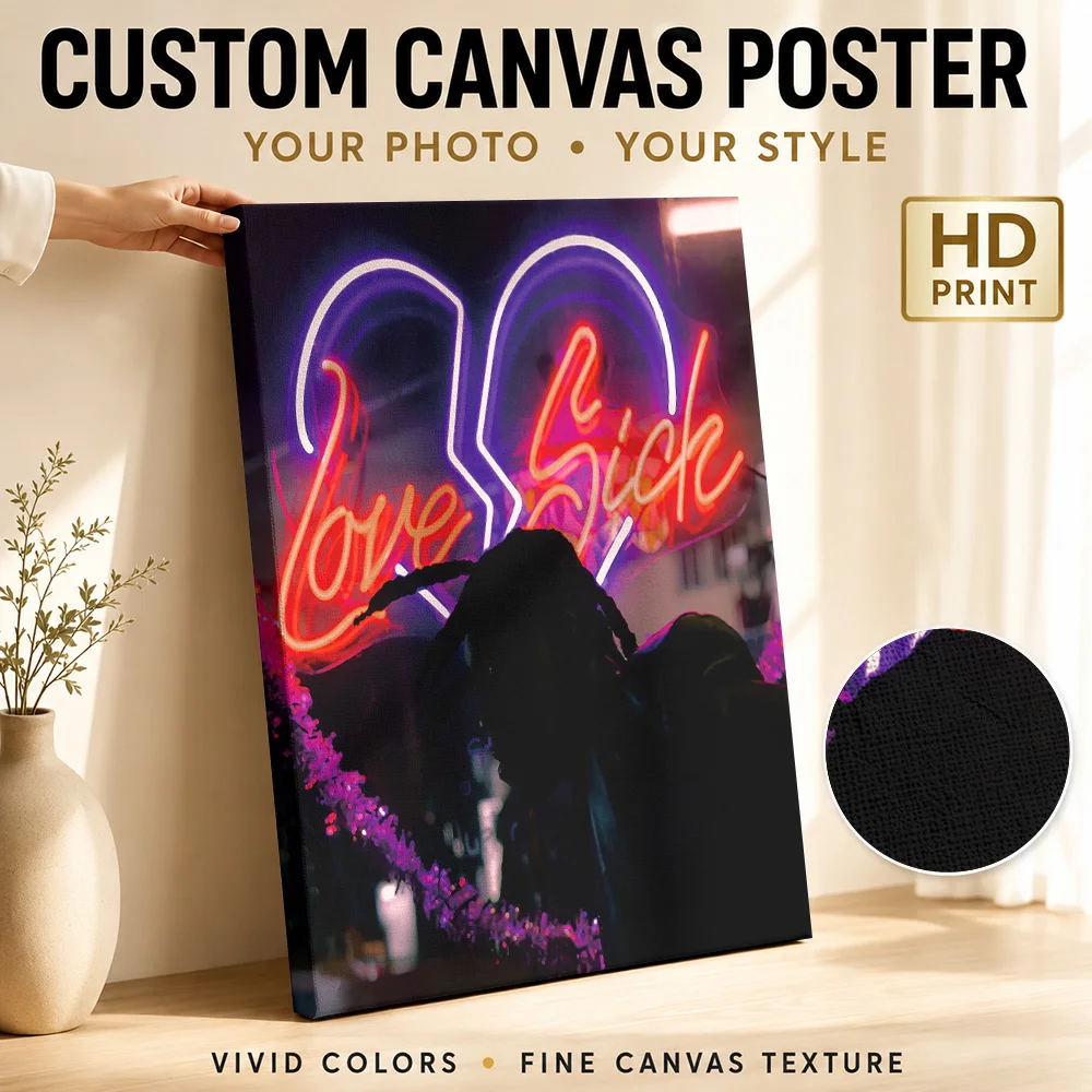 Don Toliver Love Sick Neon Heart Framed Canvas Poster Personalized Photo Illustrated Wall Art For Record Shop Listening Area