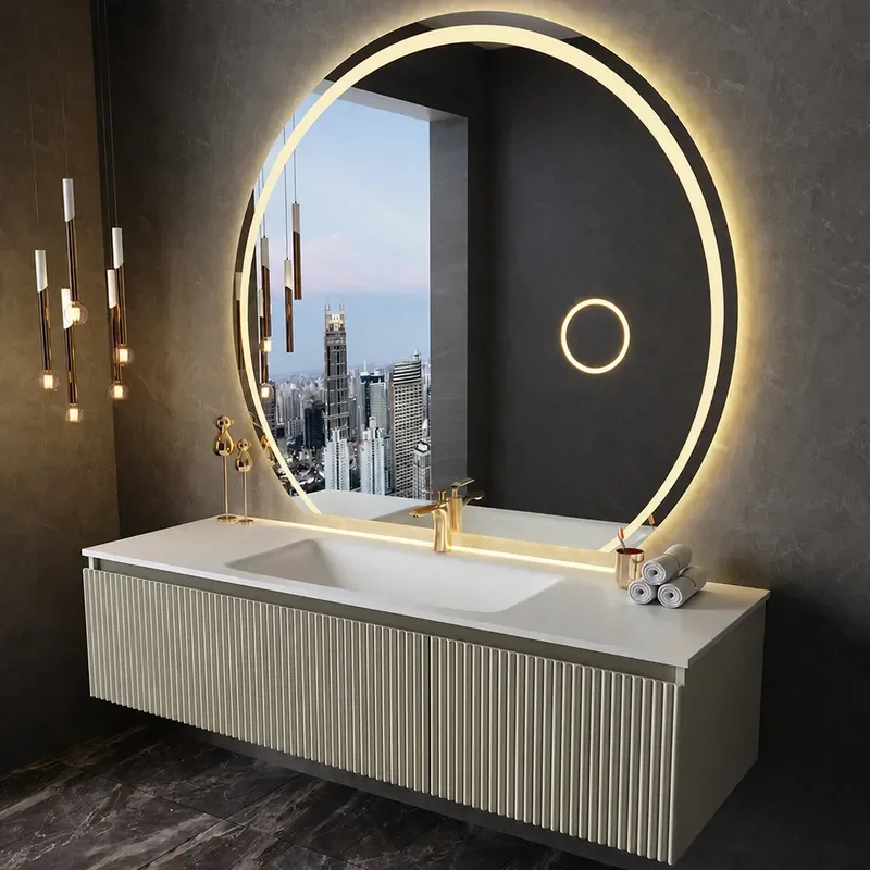 New Solid Wood Rock Slab Hot Bending Integrated Basin Bathroom Cabinet Combination Ceramic Hand Wash Face Wash Table