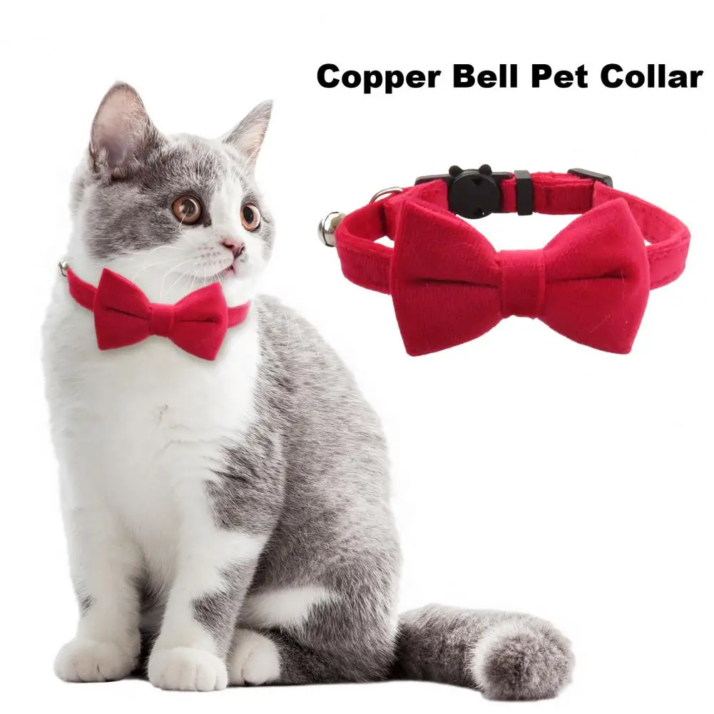 20-28cm Pet Collar With Copper Bell Fur Solid Color Bow Flannel Collar Anti-Suffocation Buckle Practical Dog Cat Puppy Supplies