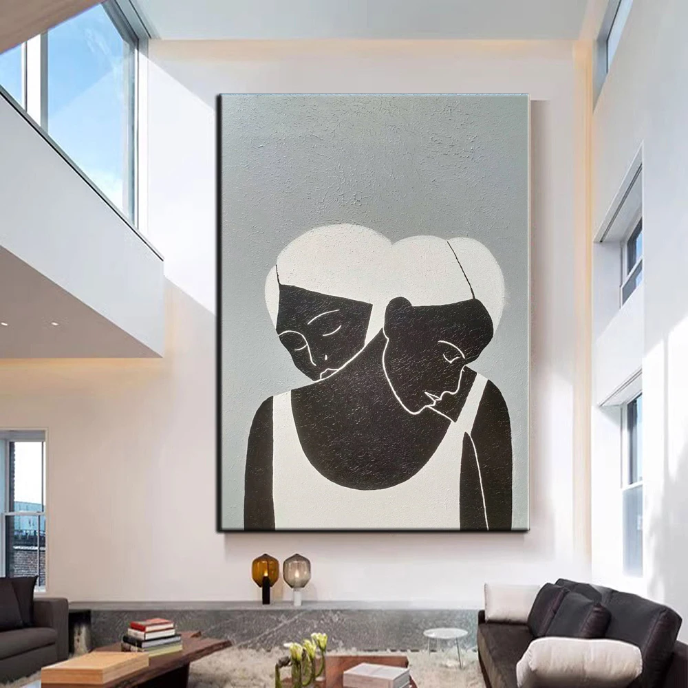 Hand Painted Oil Painting Large Black Women Abstract Painting Original Black and White Abstract Painting Gray Abstract Painting