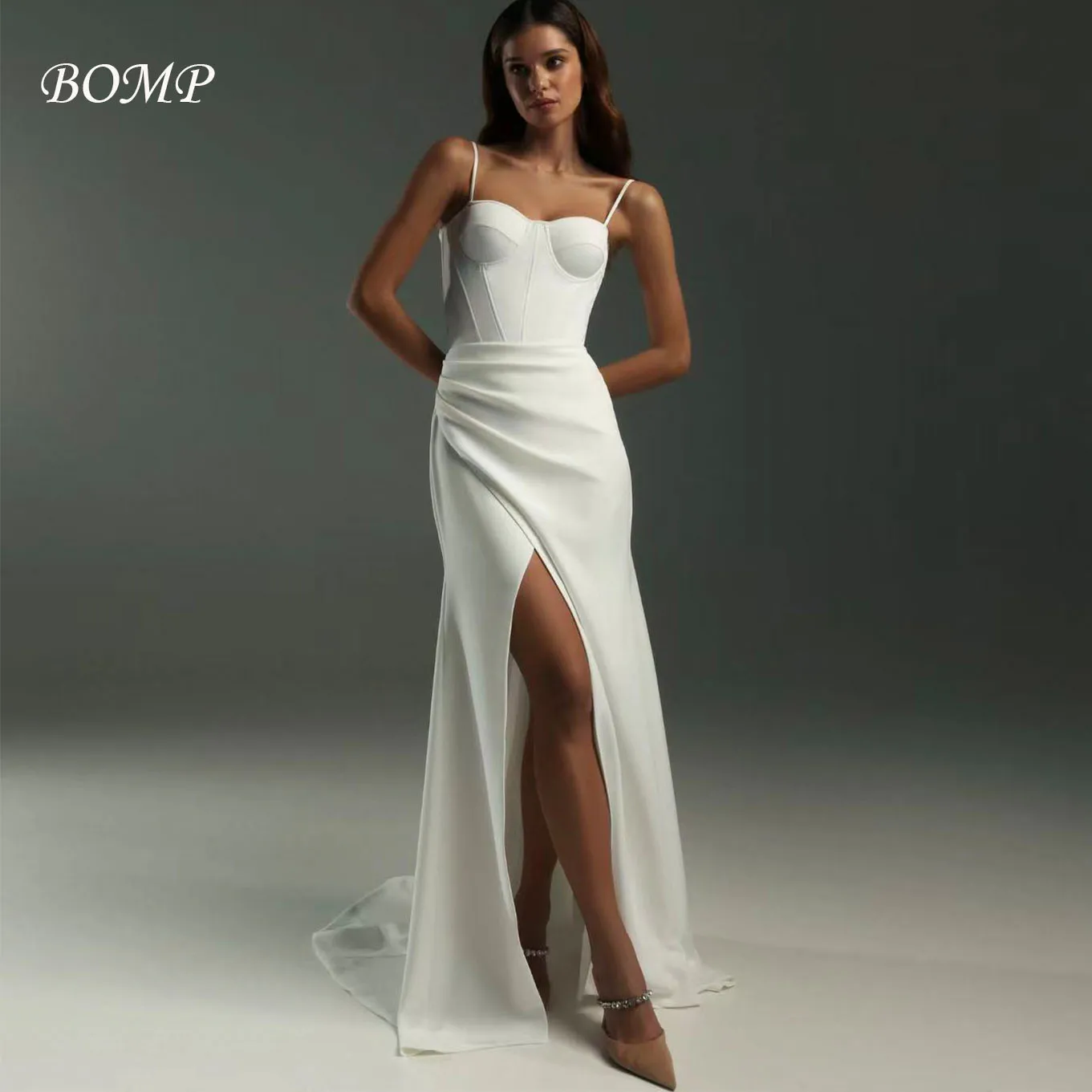 

BOMP Classic Wedding Party Dress Corset Straps Draped Ivory Satin Side High Slit Bridal Gown Customized New Vestido de novia
