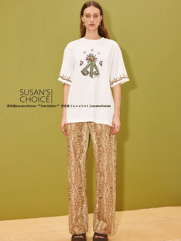 

Susan Casual Cotton T-shirt White Sun Dancer Print Top Women's Fashion round Neck Short Sleeve Regular Fit Spring Summer