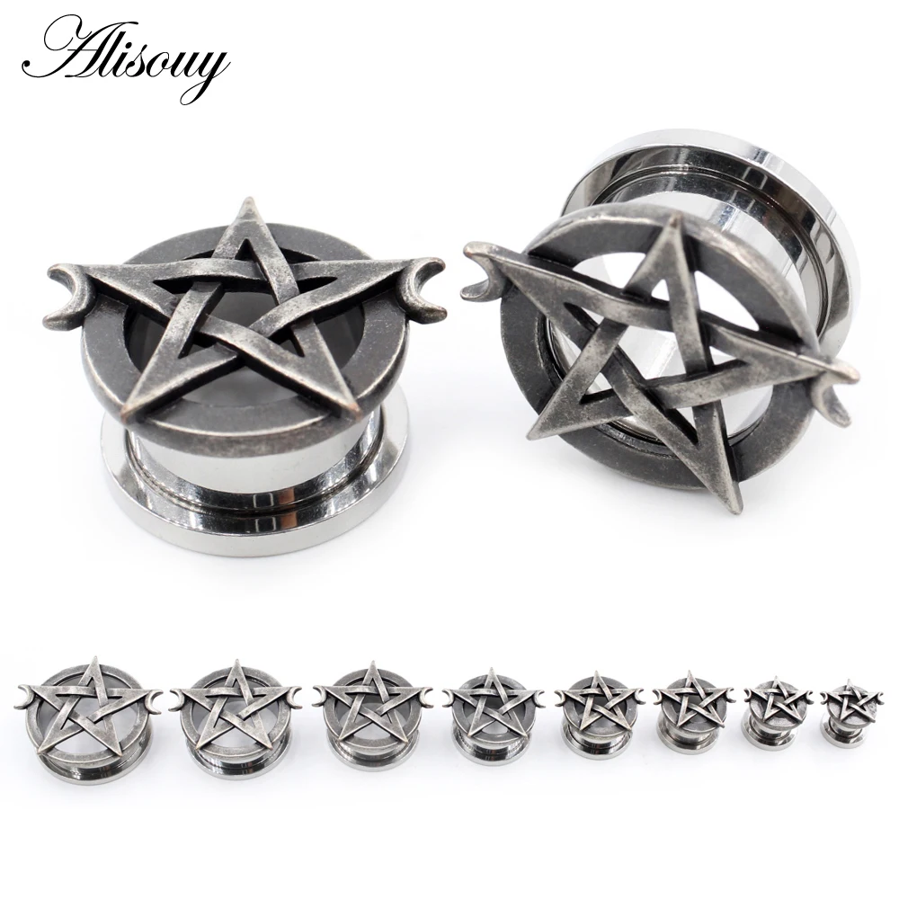 Alisouy 2pcs 8mm-25mm Punk Stainless Steel Star Moon Unscrew Ear Tunnels Plugs Expander Stretcher Gauges Body Piercing Jewelry