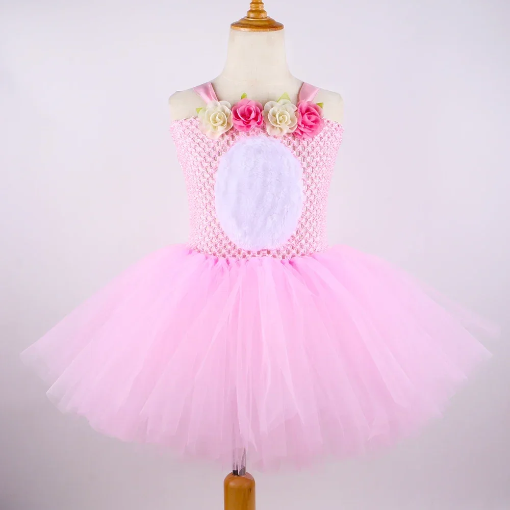 Girls Pink Rabbit Tutu Dress Easter Bunny Costume Kids Birthday Party Tulle Princess Dress for Halloween Animal Dress Up Clothes