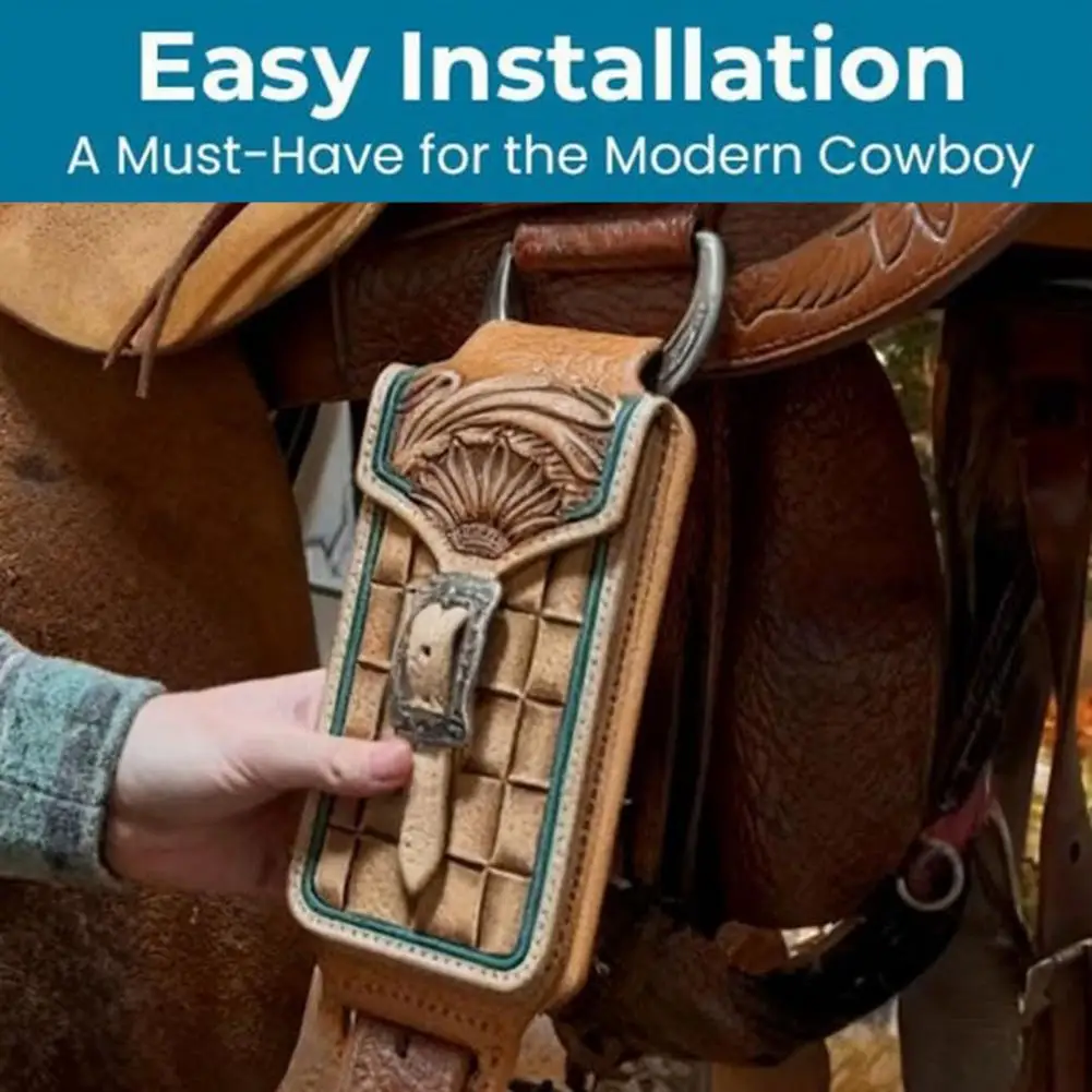 Western Saddle Phone Holder Faux Leather Pouch Fits Saddle Cowboy Phone Pouch with Adjustable Buckle Strap for Riding Rodeo