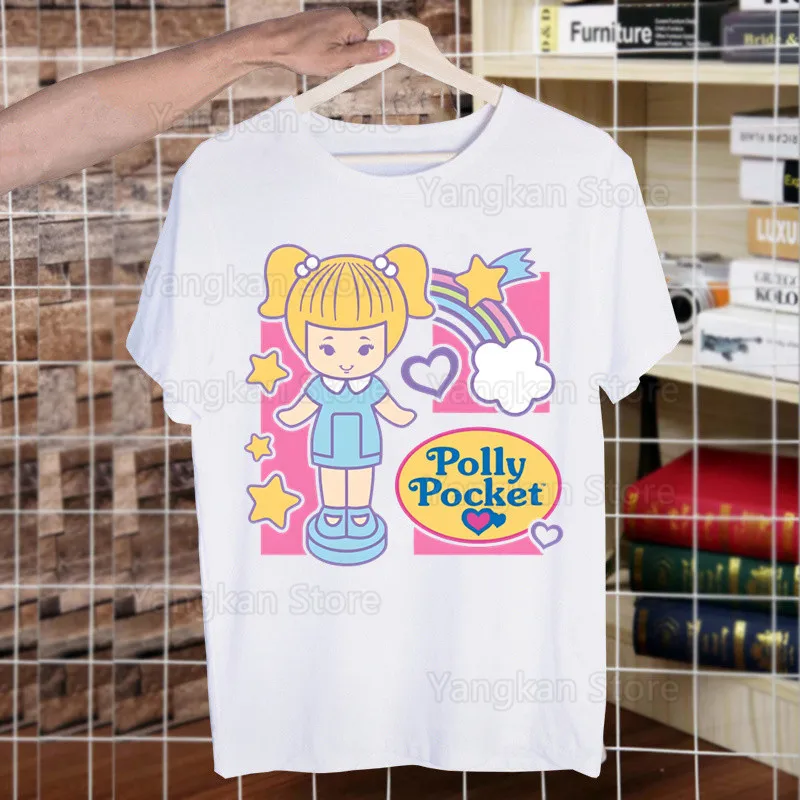 Kawaii Polly Pocket T Shirt Men Retro Washed Tops Tees Harajuku Tshirt Streetwear Hip Hop Male T-shirts