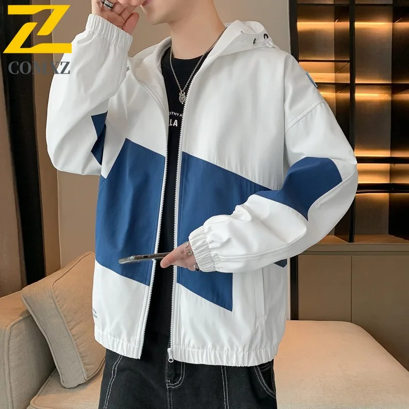 

COMXZ 2023, мужская горная свободная куртка, осенняя цветная куртка с капюшоном и длинным рукавом, открытое переднее пальто, повседневная контрастная куртка
