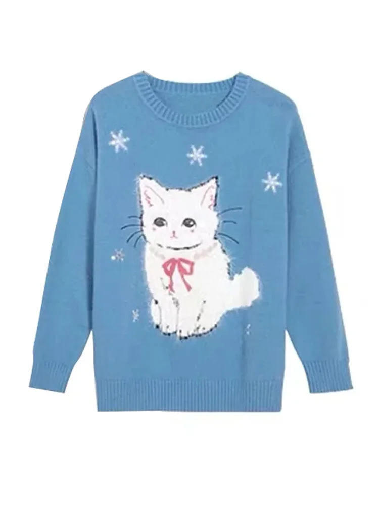 Blue Cat Embroidered Loose Sweater Pullover Women Autumn Winter Long Sleeve O-neck Tops Fashion Elegant Chic Ladies Jumpers Y2K