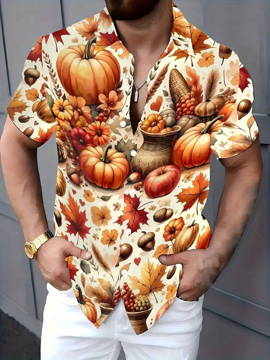 

Mens Fall Harvest Pumpkin Print Casual Short Sleeve Button Down Shirt