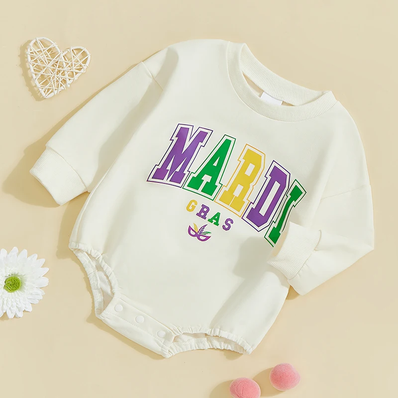 

Infant Boys Festival Chic Romper with Long Sleeves Crewneck and Stylish Letter Print Sweatshirt Design