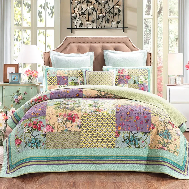 

Floral Patchwork Cotton Quilt Set 3PCS Bedspread on the Bed King Queen Size Coverlet Summer Quilted Blanket for Bed Comforter