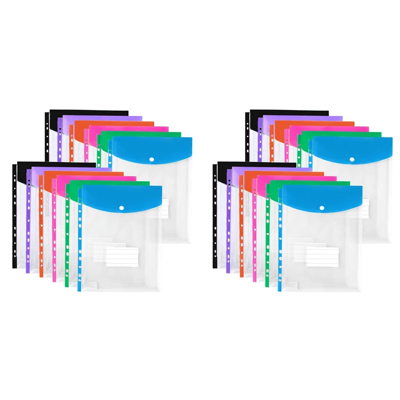 SB-24Pack Plastic Envelopes, Binder Pockets For 3/4/11 Ring Binder,Expandable Document Organizer With Snap Button And Label