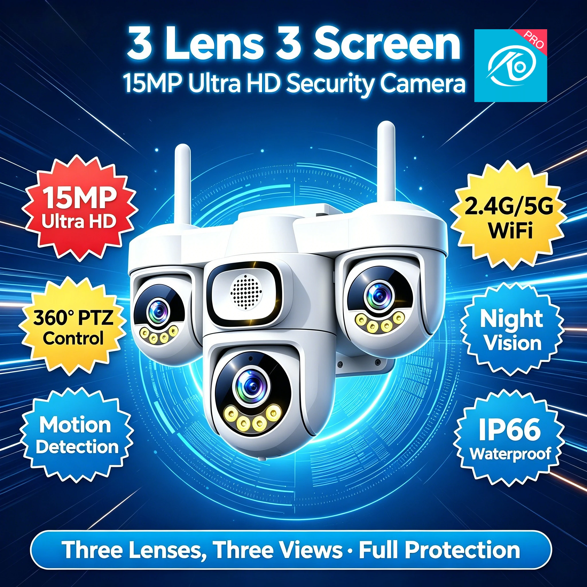 2.4G 5G Dual Band WiFi 15MP Triple Screen 3 PTZ Camera 5X Zoom Outdoor Wireless Security CCTV Cam