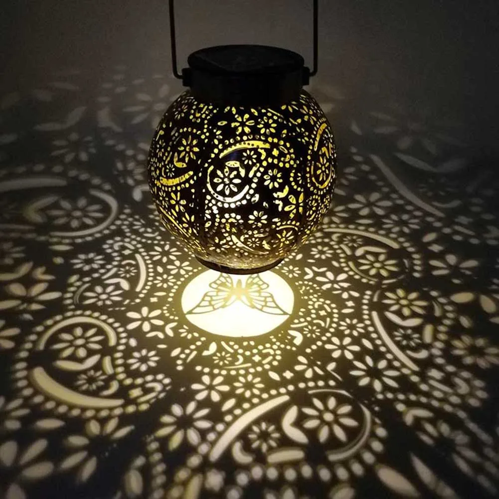 

Solar Hanging Lantern Retro Outdoor Garden Yard Light Decoration Hollow-out Iron Art Lights Flower Projection For Patio Backyard