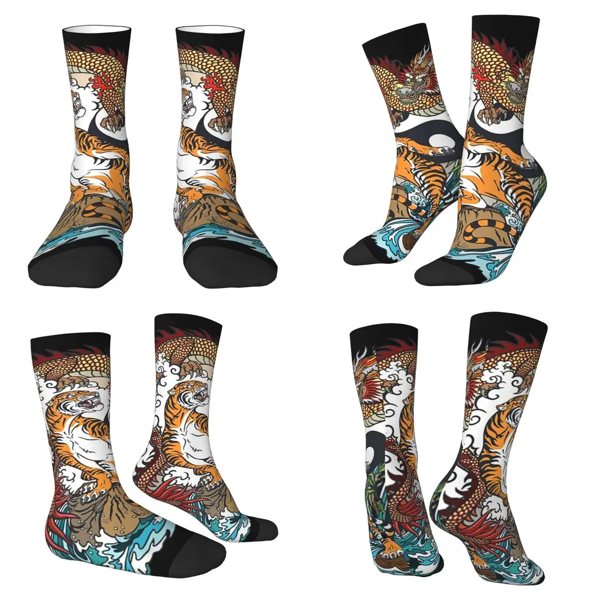 

Japanese Yin And Yang Dragon And Tiger Fighting Socks Harajuku Sweat Absorbing Stockings All Season Long Socks for Unisex