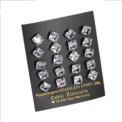 LUXUSTEEL Luxury Crystal Stud Earrings For Women Men Silver Color Stainless Steel Square Cubic Zirconia 3mm-10mm Fashion Jewelry