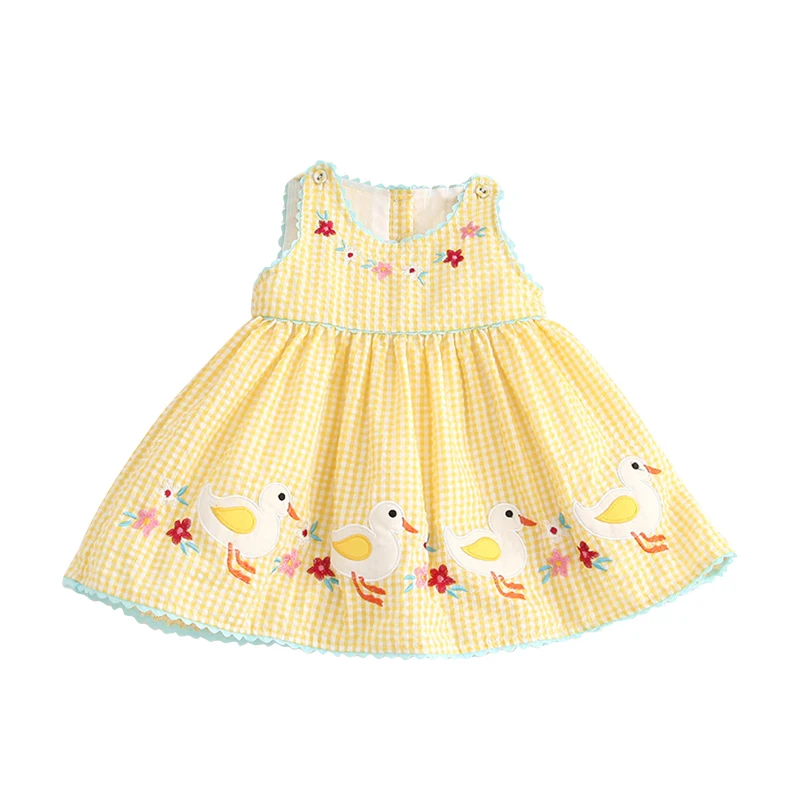 0-7Y Yellow Cute Printed Princess Dress Summer Girls Embroidered Baby Duckling Patch Sleeveless Dress Spring Summer Soft