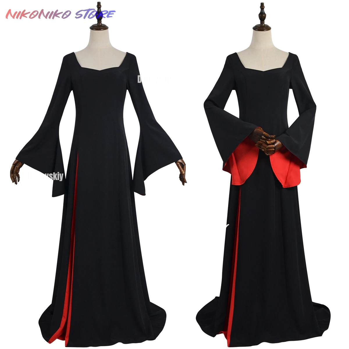 تلفزيون الأربعاء Morticia تأثيري حلي رداء أسود شعر مستعار مجموعة المرأة القوطية فستان ماكسي تنورة الكبار خمر حفلة تنكرية للهالوين