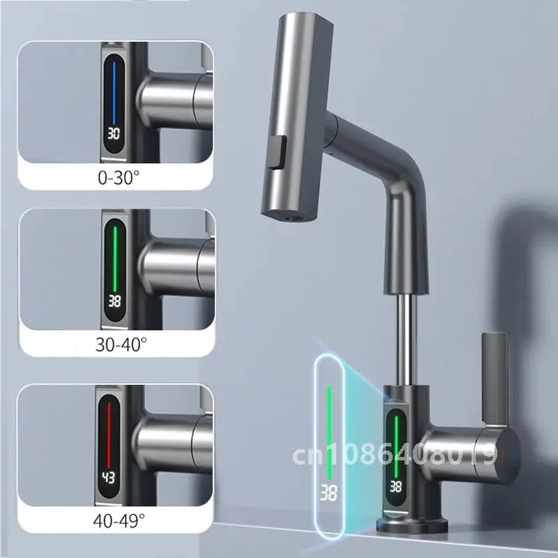 

Waterfall Temperature Digital Display Basin Faucet Lift Up Down Stream Sprayer Hot Cold Water Sink Mixer Wash Tap For Bathroom