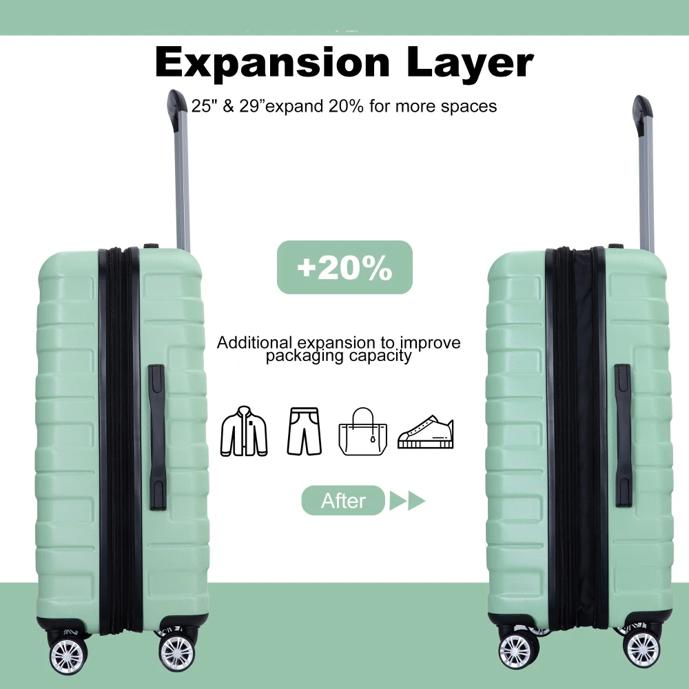 3 Piece Luggage Sets PC Lightweight Durable Expandable Suitcase Two Hooks Double Spinner Wheels TSA Lock(21/25/29) Light Green