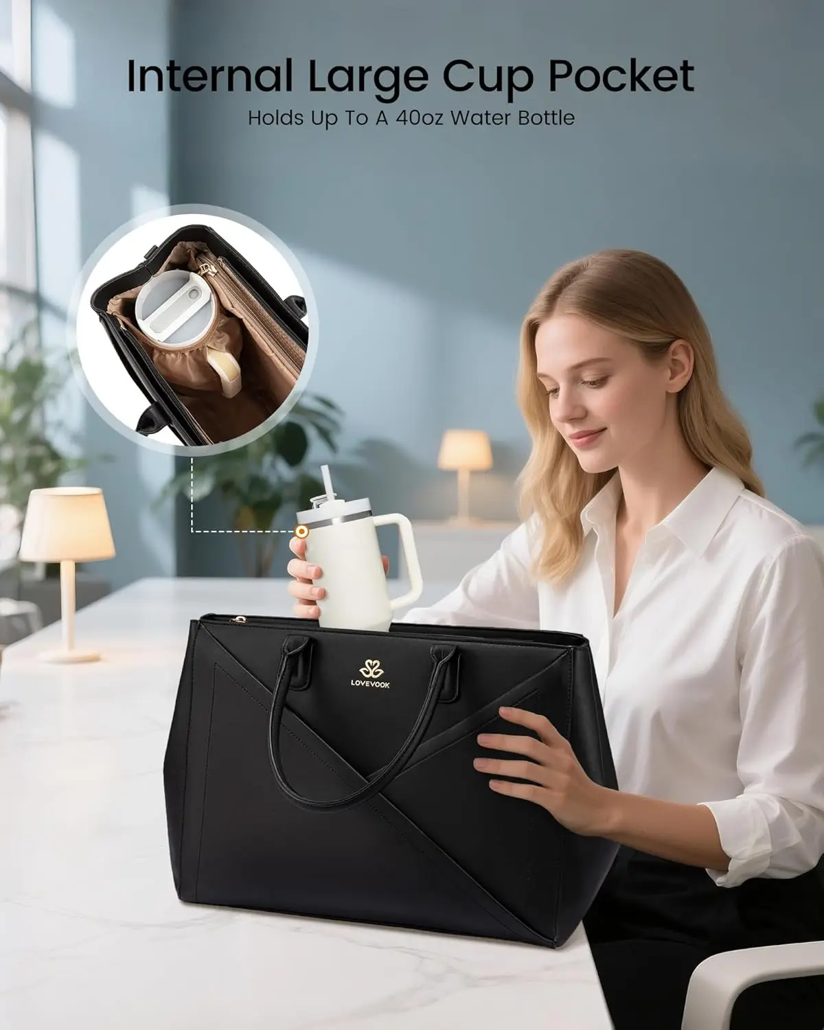 حقيبة كمبيوتر محمول من جلد البولي يوريثان للنساء مع حامل أكواب، حقيبة عمل مقاومة للماء مقاس 15.6 بوصة للمعلمين، حقيبة مكتب الأعمال