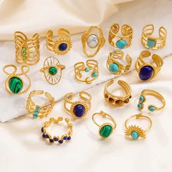 New Waterproof Stainless Steel Trendy Natural Stone Turquoise Malachite Adjustable Ring For Women Bohemian Jewelry Gift