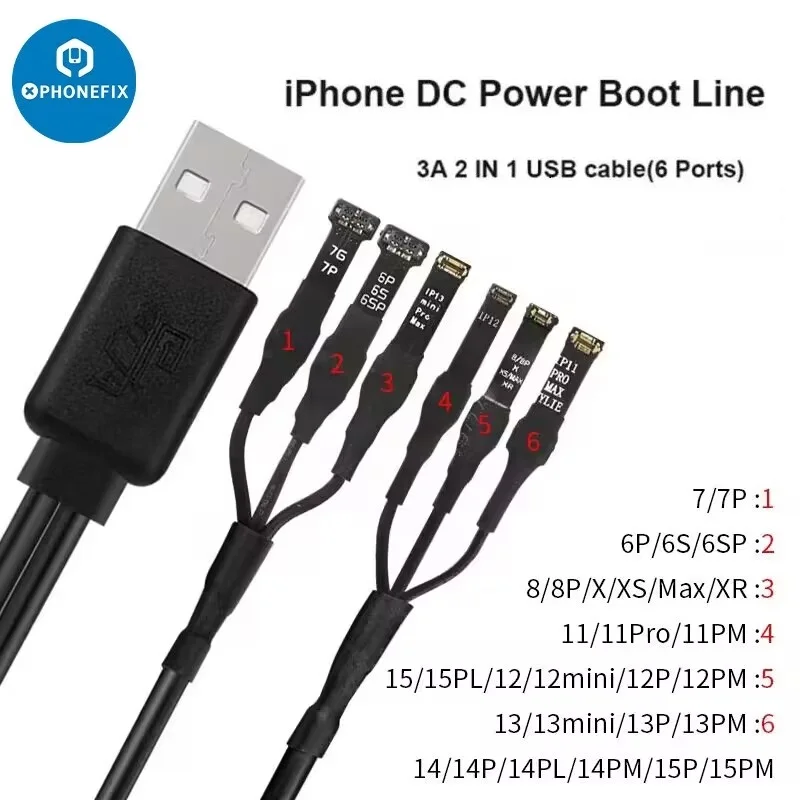 

WYLIE Boot Line DC Power Supply Cable Motherboard Repair Power cord 3A 1To2 USB Cable (6 Interfaces) For iPhone 6S-15 Pro Max