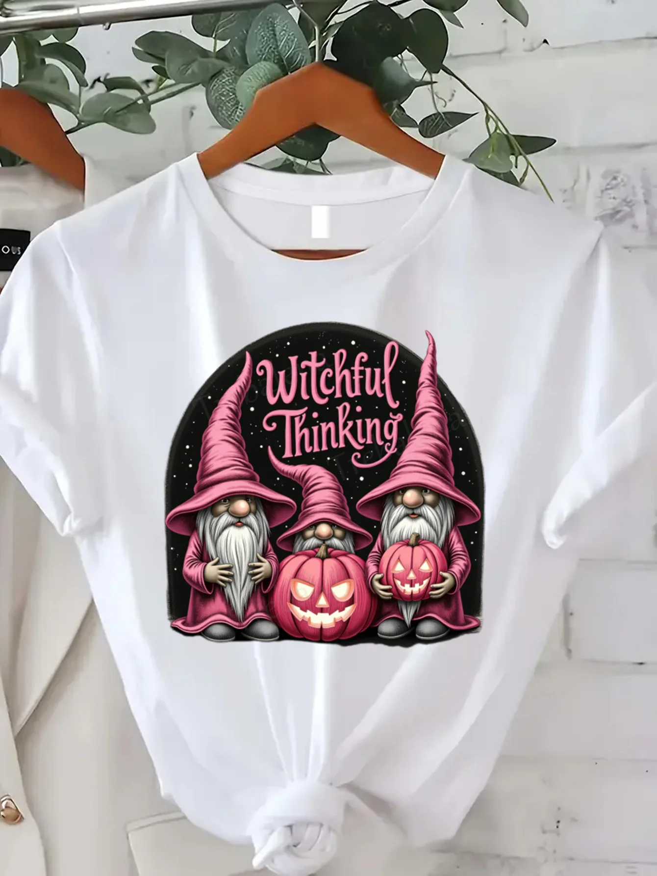 Round Neck T-shirt Witchful Thinking Pink Gnomes Halloween T-Shirt Women's Plus Size Short Sleeve Tee Fashion Casual Top