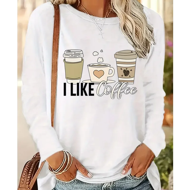 

Long Sleeve T-shirt for Coffee Lover Crew Neck Women Fashion Summer Clothes I Love Coffee Graphic Tee Girl Coffee Party T-shirt
